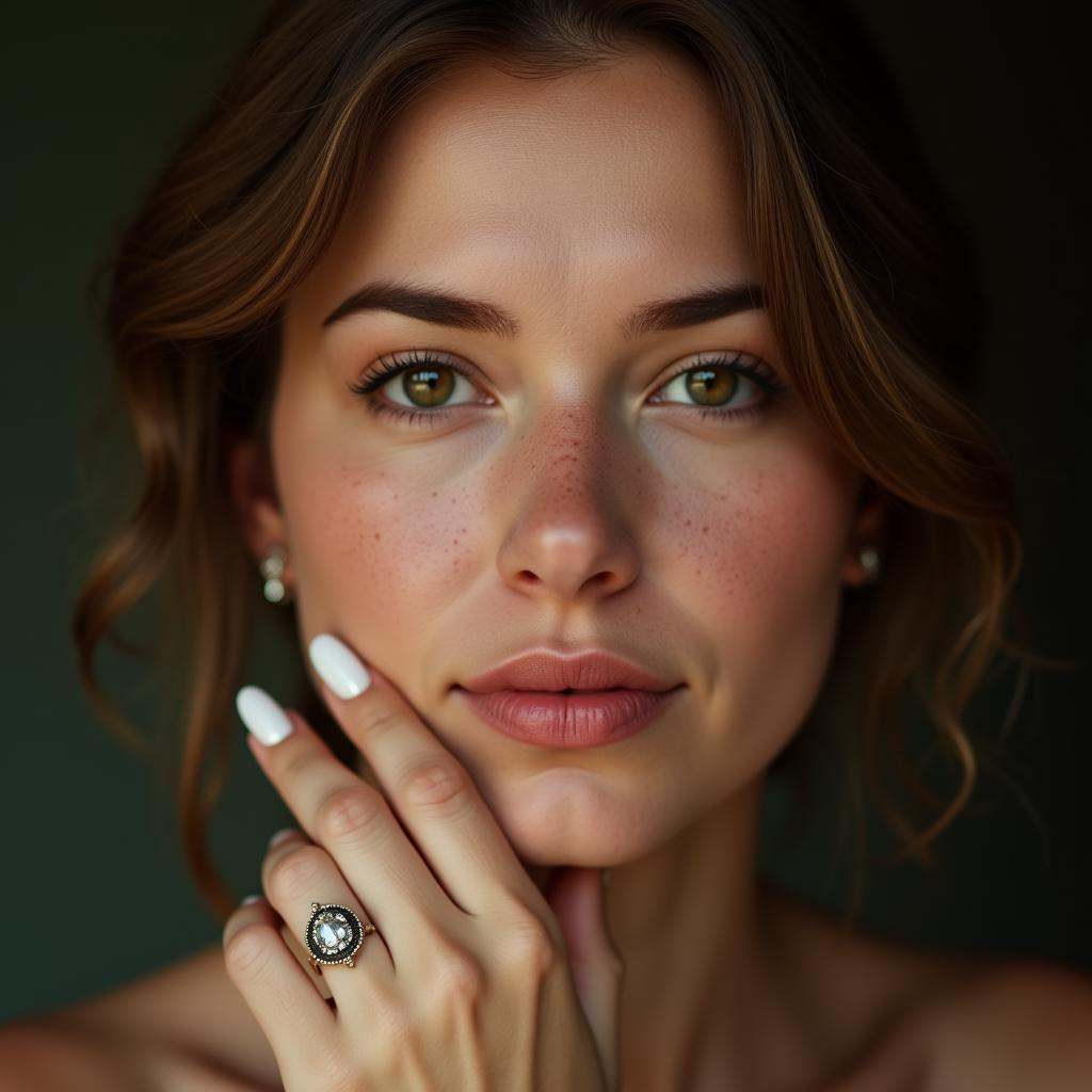 A cinematic skin texture style still image of a woman with a ring on her finger,  detailed skin pore,  film still on Tenso...