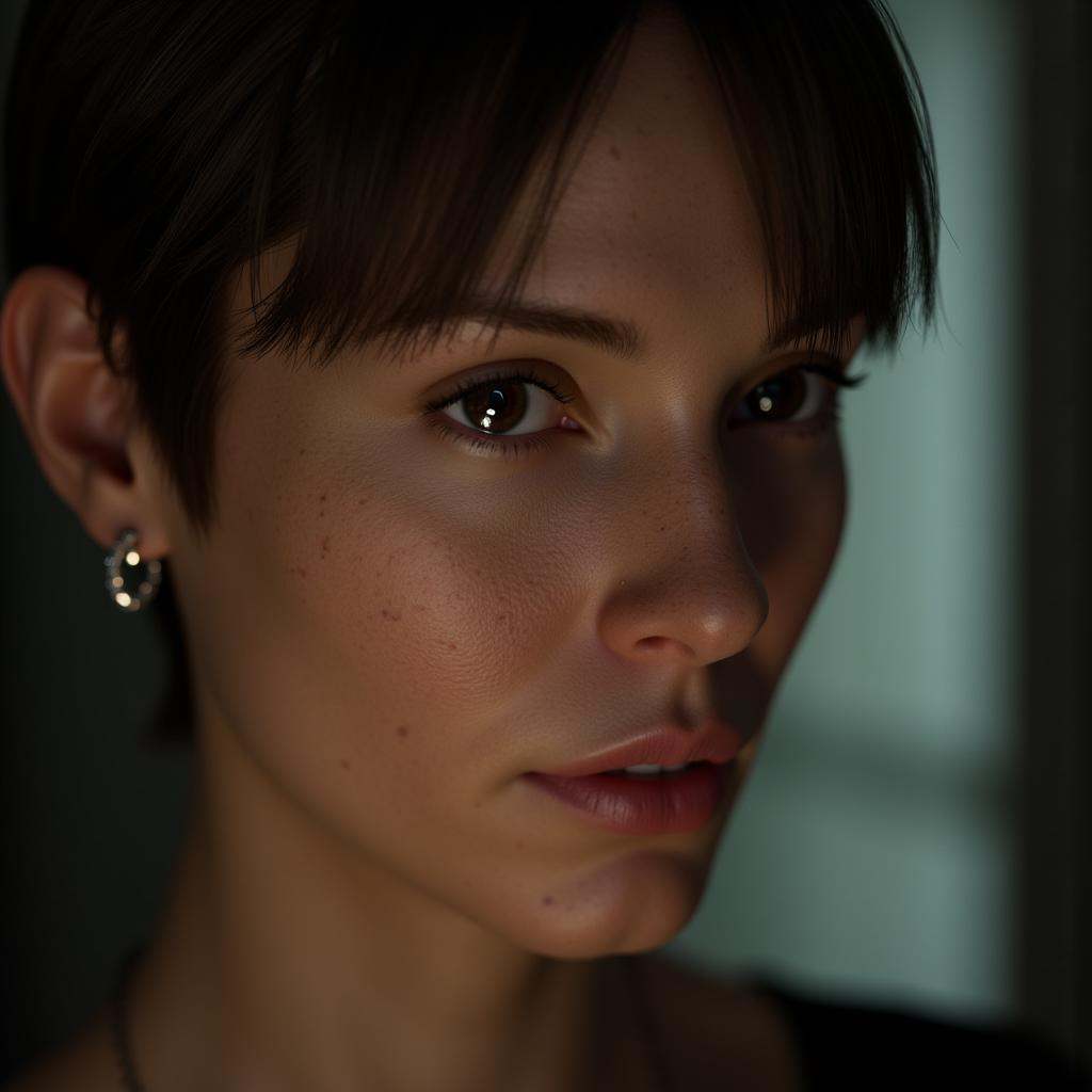 cinematic film still Contrast:1A cinematic skin texture style still image of a woman with a pair of earrings on her ear,...
