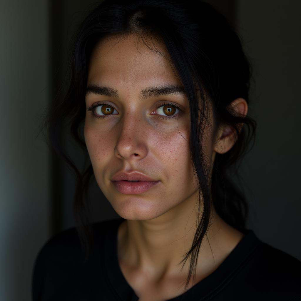 Contrast:1A cinematic skin texture style still image of a woman with a black hair and a black shirt,  detailed wrinkles,...