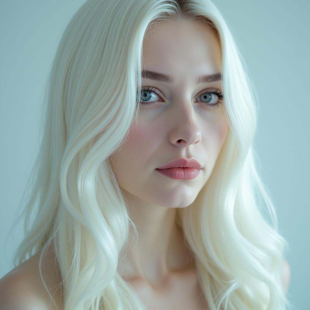 A cinematic skin texture style still image of a woman with pale white skin and long hair,  detailed skin pore,  film still...