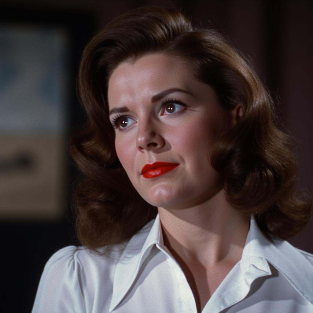 cinematic film still detailed skin pore:1In the 1950's a woman with a red lipstick and a white shirt,  1girl,  solo on Ten...