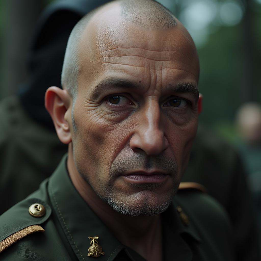 cinematic film still Contrast:1A cinematic skin texture style still image of a man in a military uniform looks off to the...