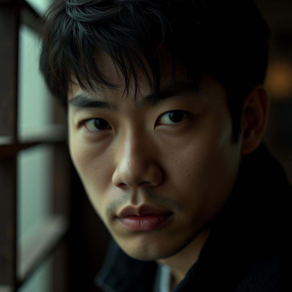 cinematic film still Contrast:1detailed skin pore style of an asian man staring at camera . shallow depth of field,  vigne...