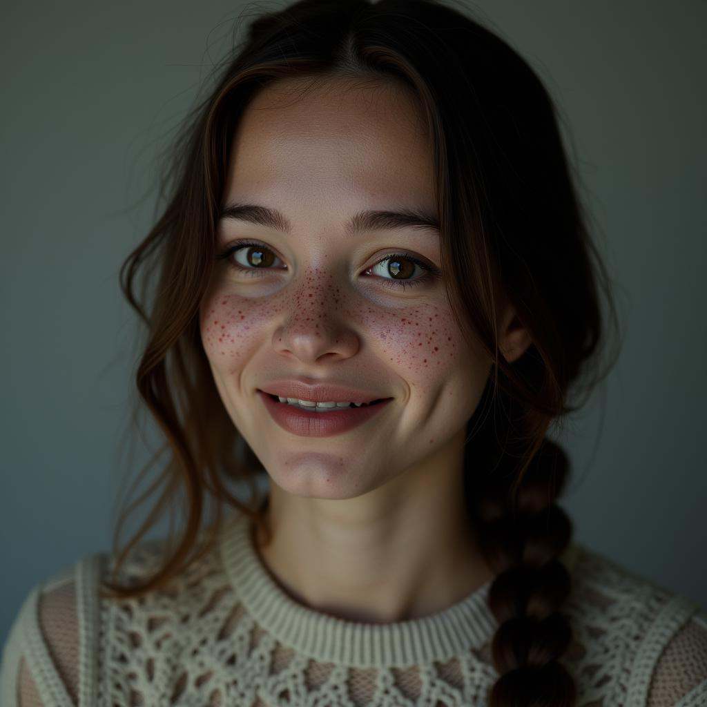 A cinematic skin texture style still image of a woman with a braid in her hair and many freckles,  detailed skin pore,  fi...