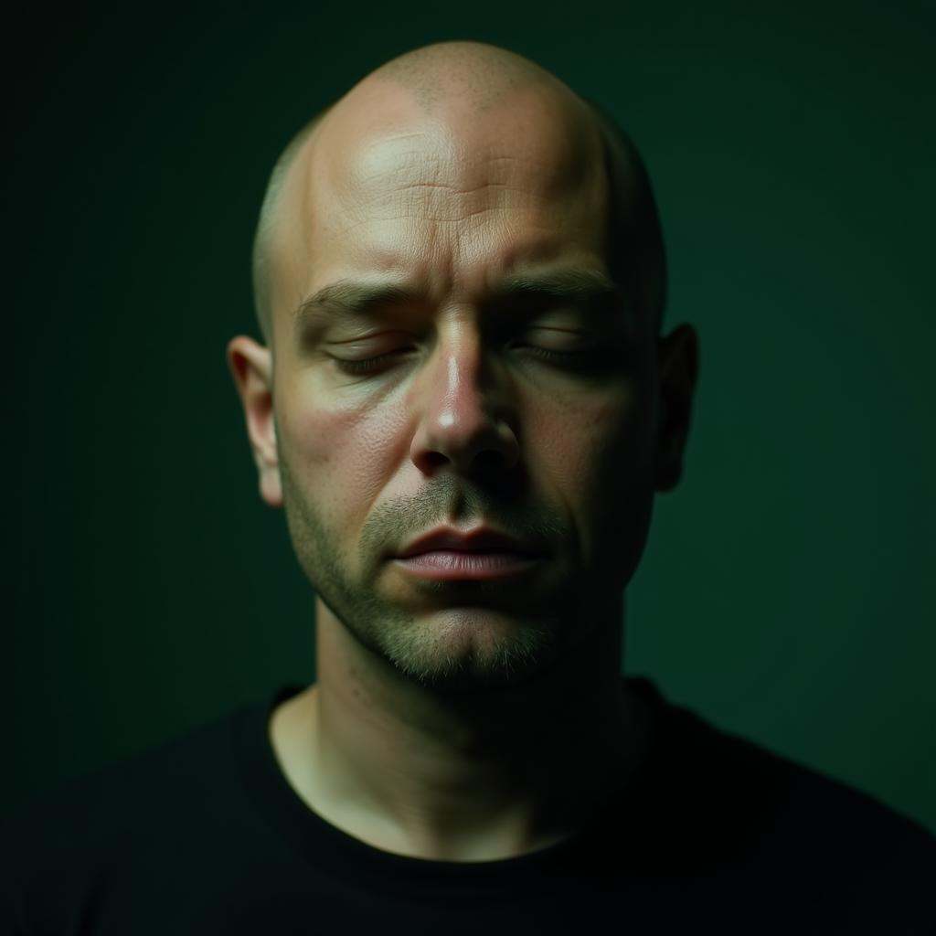 cinematic film still Contrast:1A cinematic skin texture style still image of a man with a bald head and eyes closed,  deta...