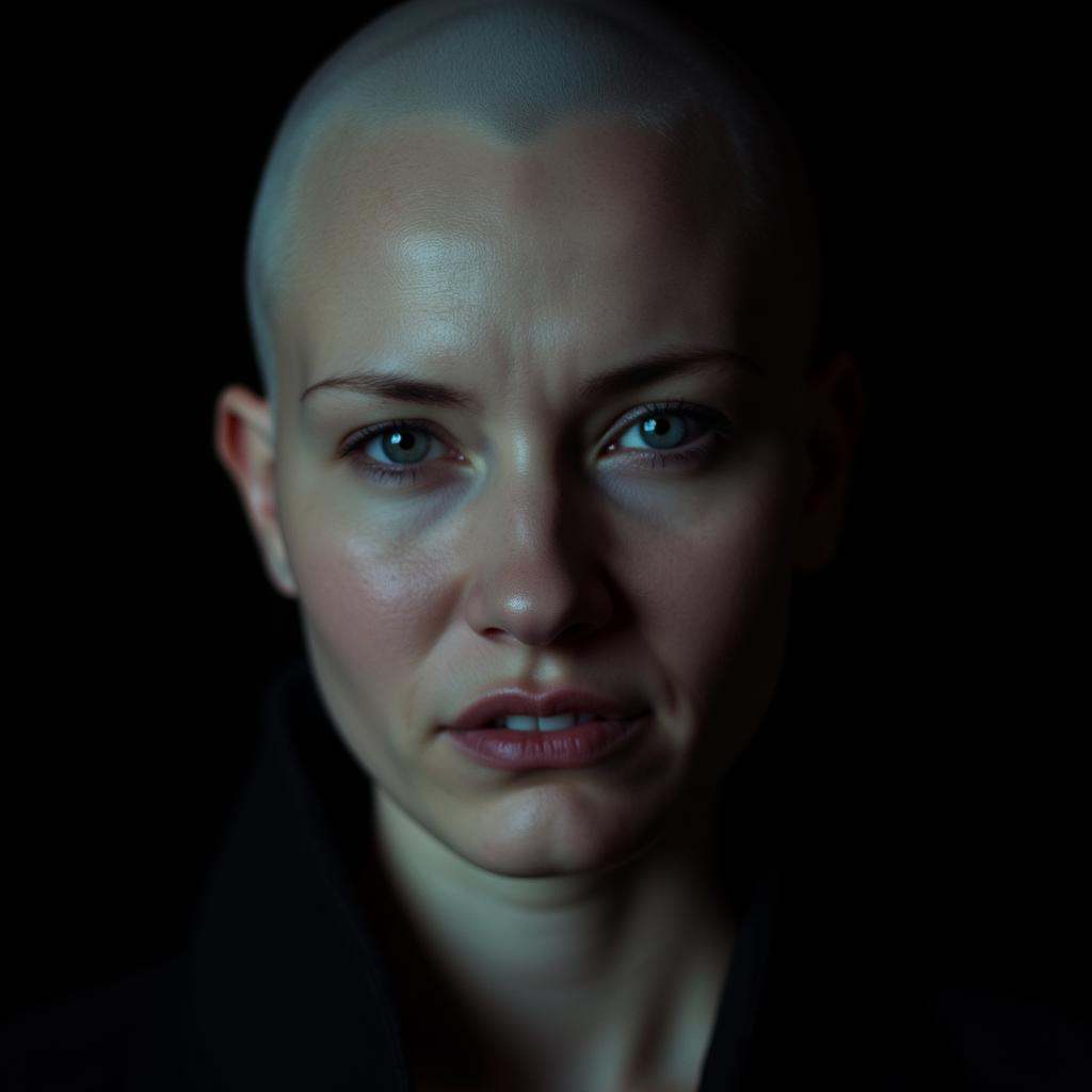 cinematic film still Contrast:1A cinematic skin texture style still image of a woman with a bald head and a bald head,  de...