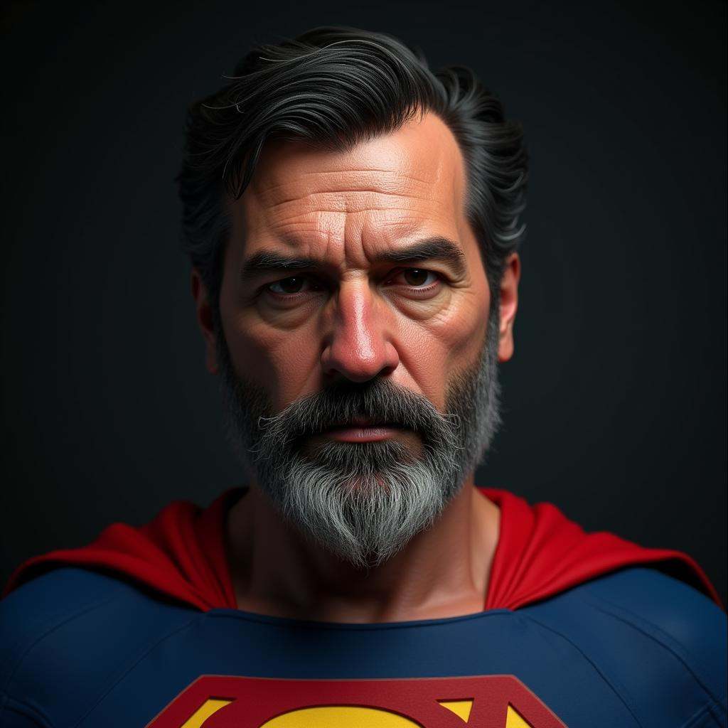 cinematic film still Contrast:1A cinematic skin texture style still image of a man with a beard and a superman shirt,  det...