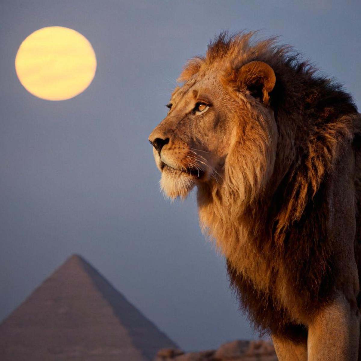 cinematic film still of 0 realism perfect Chiaroscuro Lighting Style Long time ago In ancient Egypt,  Aker Lion a couple o...
