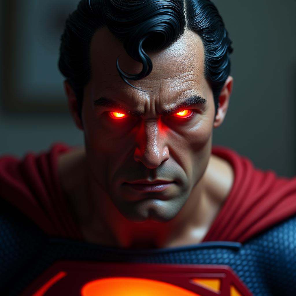 Hyperrealistic art of detailed photorealism style,  superman staring at viewers in anger,  glowing red eyes on Tensor.Art