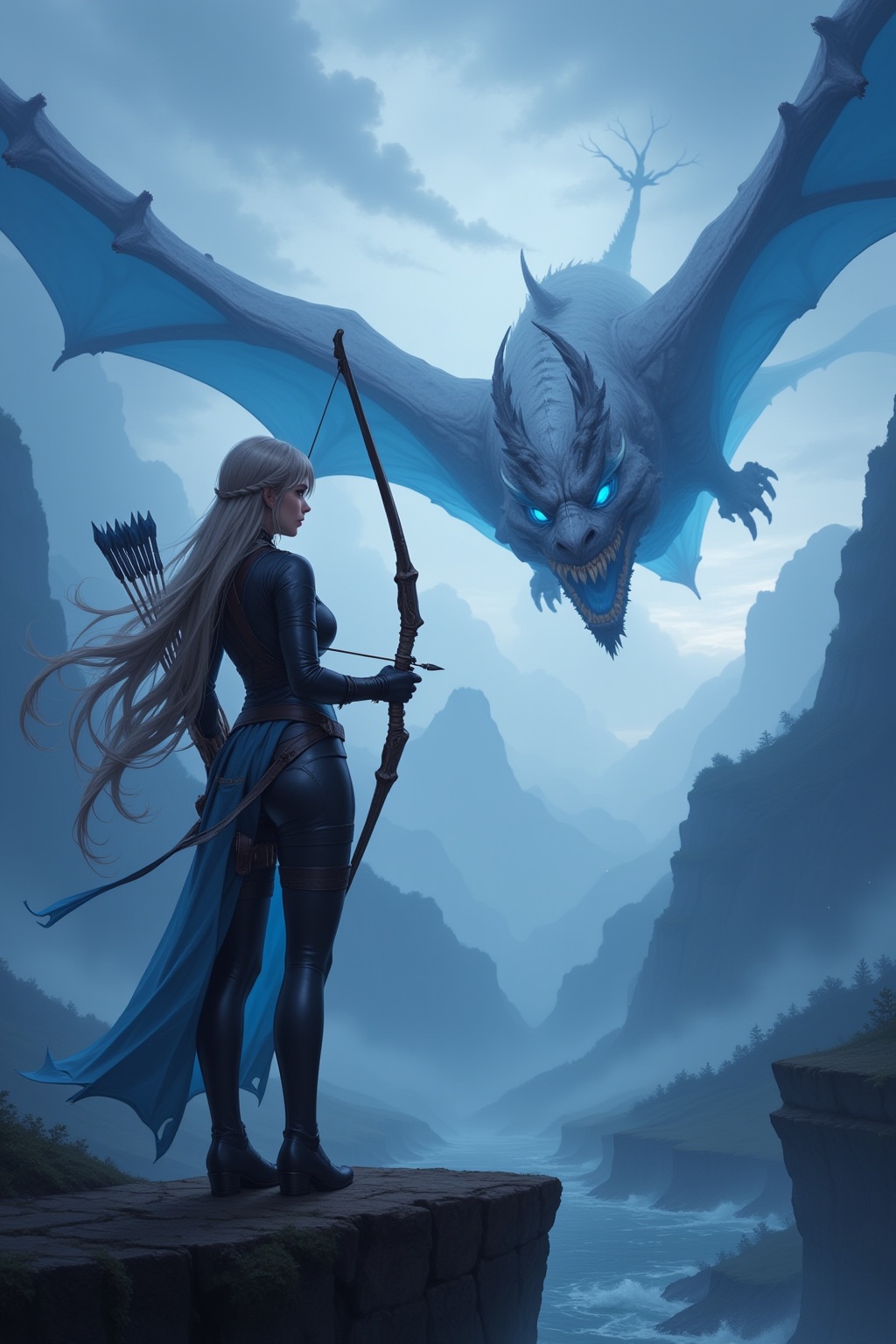 A beautiful anime archer stands on a high cliff,  her bow drawn and aimed at a distant,  massive dragon soaring through th...