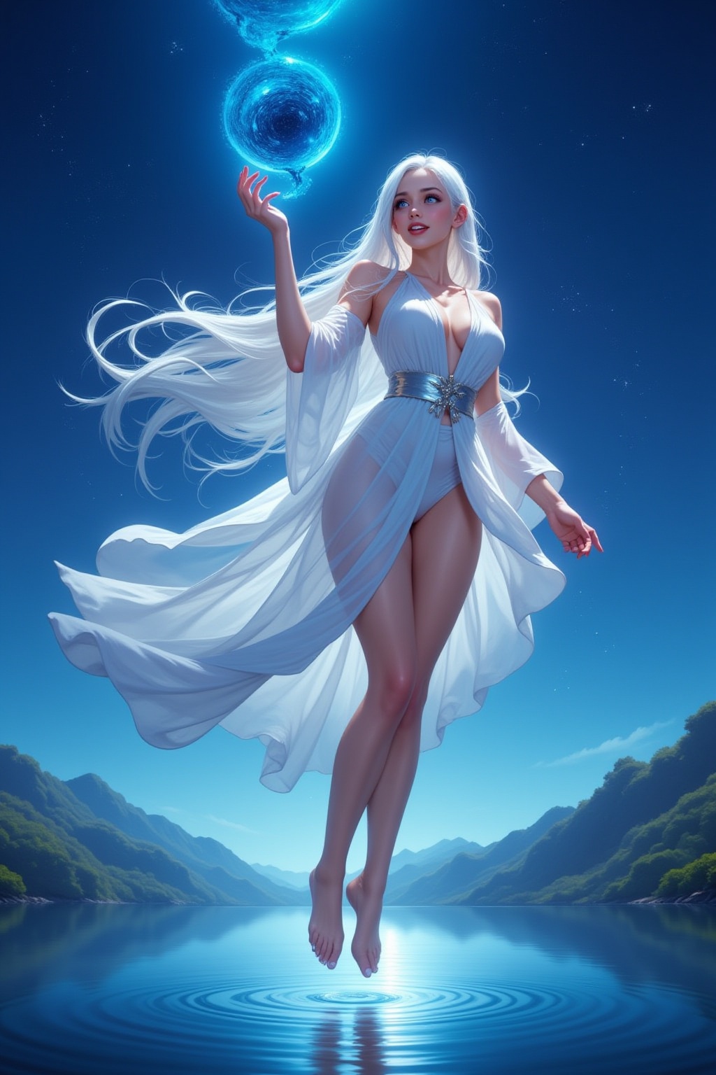 A stunning anime sorceress floats gracefully above a shimmering lake,  her hands extended as she casts a powerful spell th...
