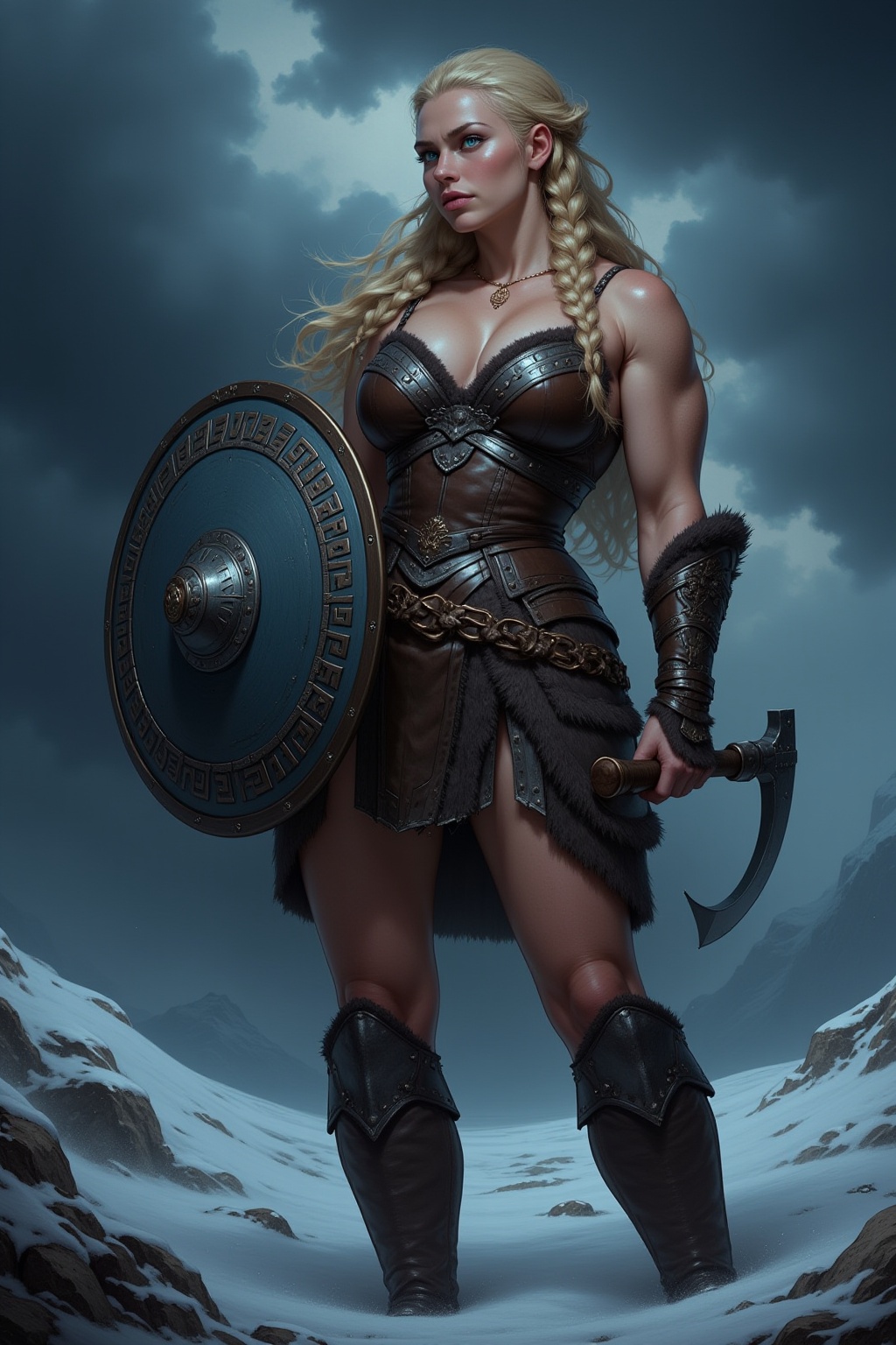 A fierce Viking shield-maiden stands tall,  her broad shoulders and muscular arms gripping a large,  round shield engraved...