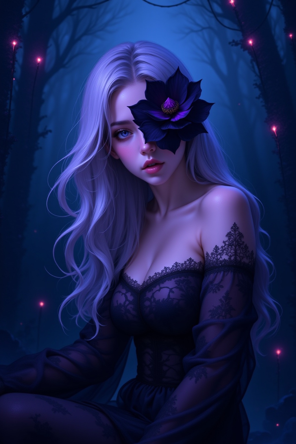 A striking oil painting in a neo-noir anime style,  featuring a beautiful woman with long,  flowing silver hair that glows...