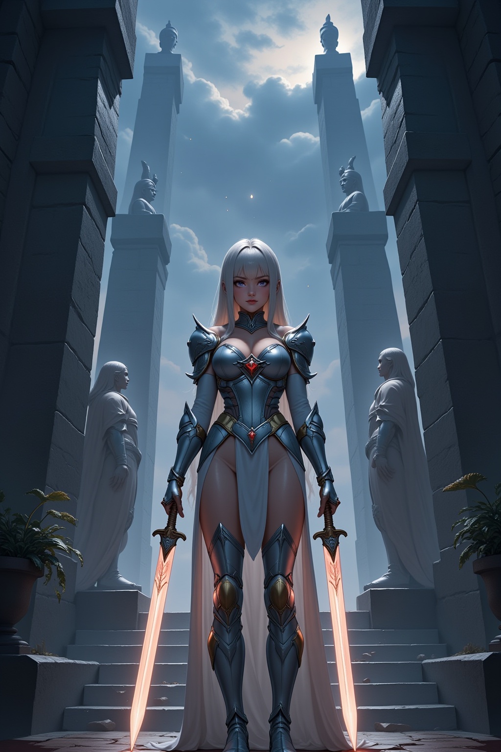 A fearless anime warrior girl stands at the entrance of an ancient temple,  her two twin swords glowing with divine energy...