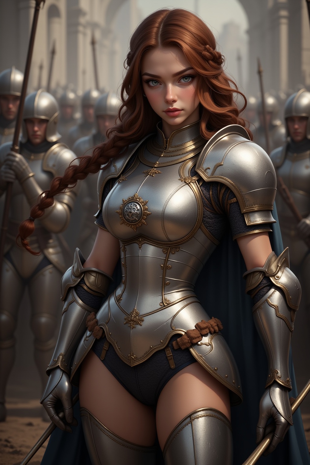 A fierce knight archer girl stands in a medieval battlefield,  her shining silver armor fitted closely to her athletic bod...