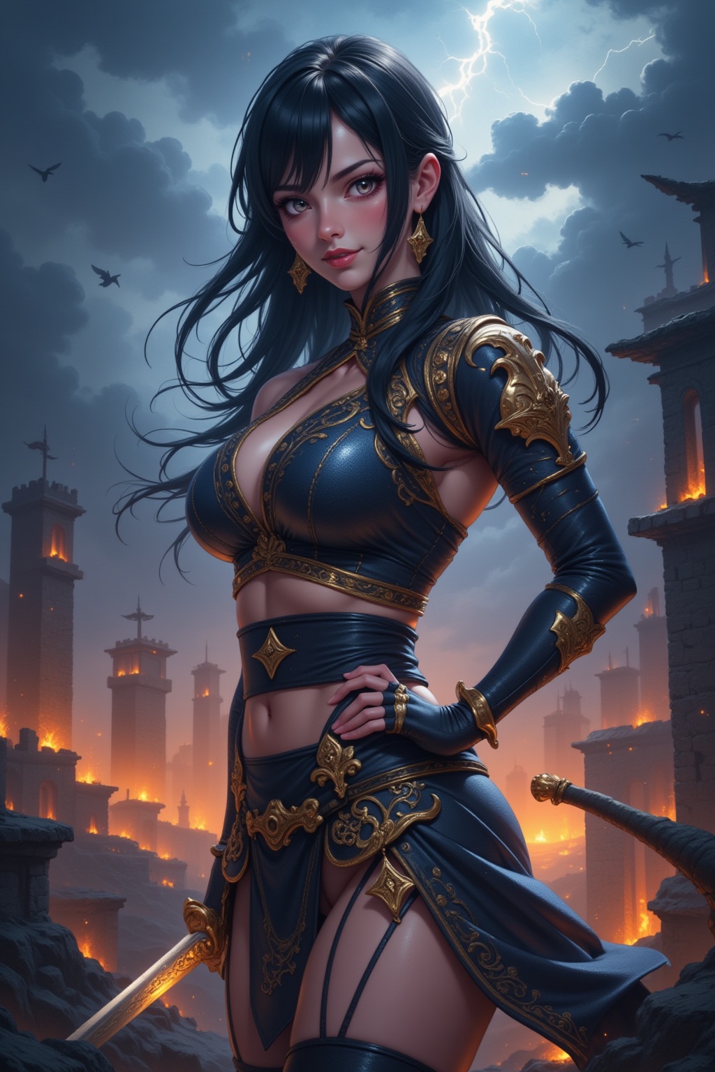 A fierce anime warrior princess stands atop a crumbling fortress,  her flowing black hair dancing in the wind. She wields...