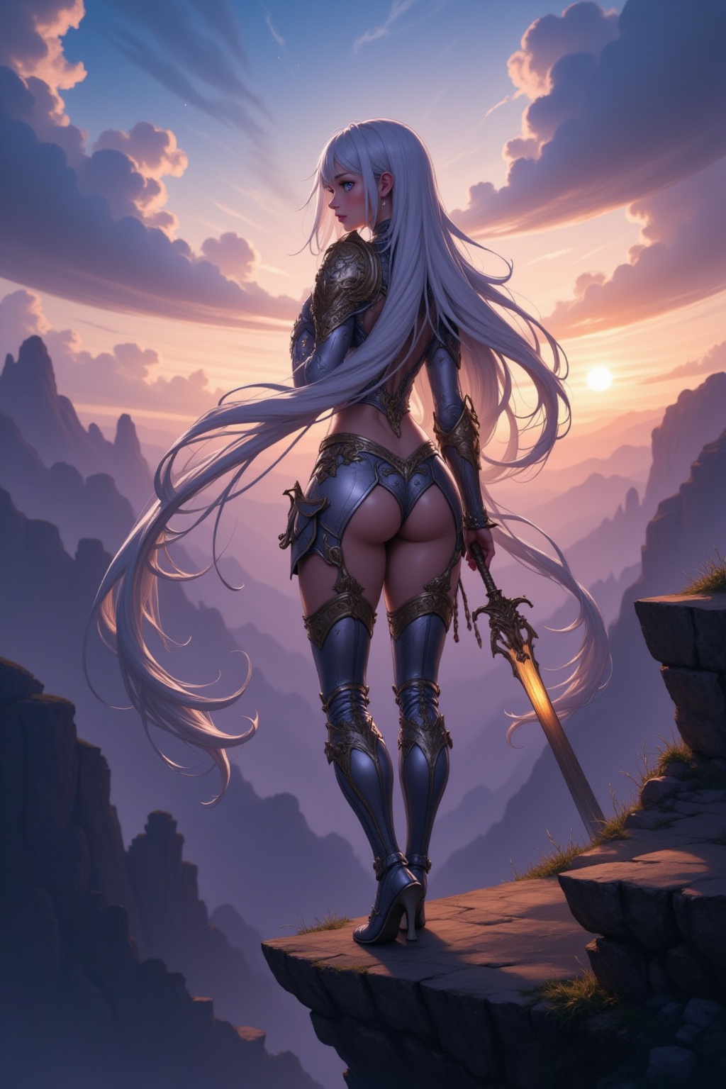 An epic anime scene featuring a breathtakingly beautiful girl standing on a cliff overlooking a vast,  otherworldly landsc...