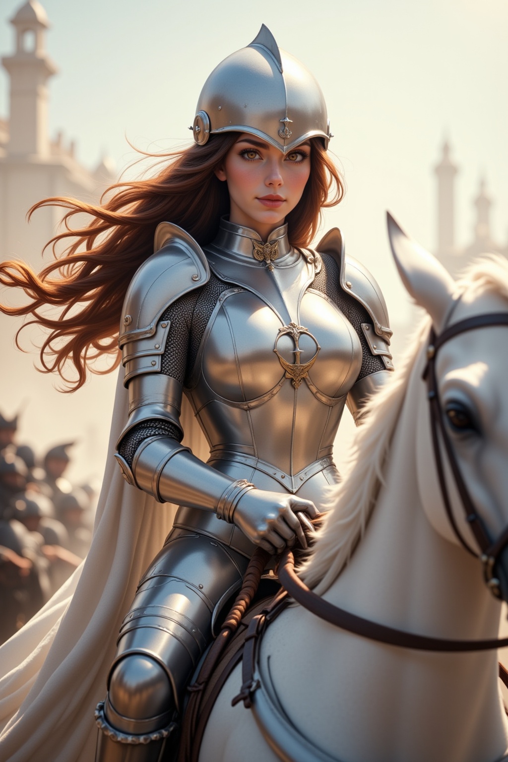 A noble knightess rides into battle on a majestic white horse,  her polished silver armor shining under the sunlight. Her...