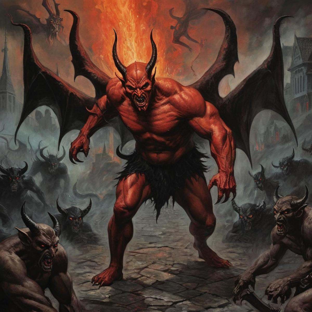 Dark Fantasy Art of a painting of a giant devil naked man with a demon on his back and demons on ground staring to the cam...
