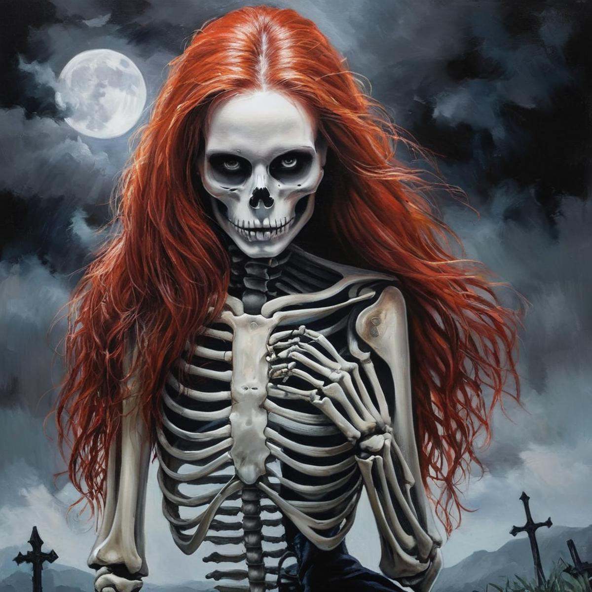 Dark Fantasy Art of a painting of a skeleton woman with long red hair dark art painting style,  dark,  moody on Tensor.Art