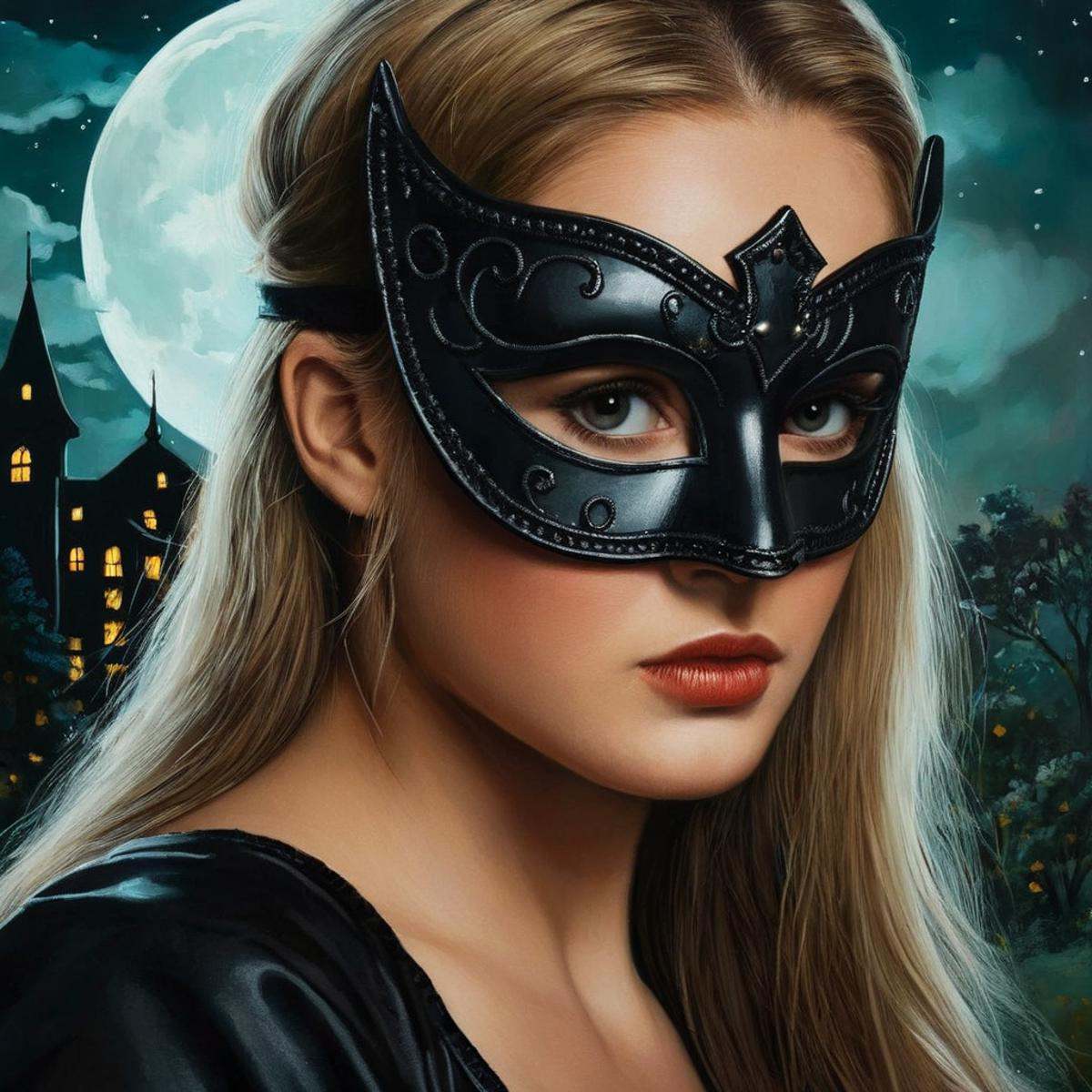 Dark Fantasy Art of a closeup of a painting of a woman with a mask on staring up at something dark art painting style,  da...