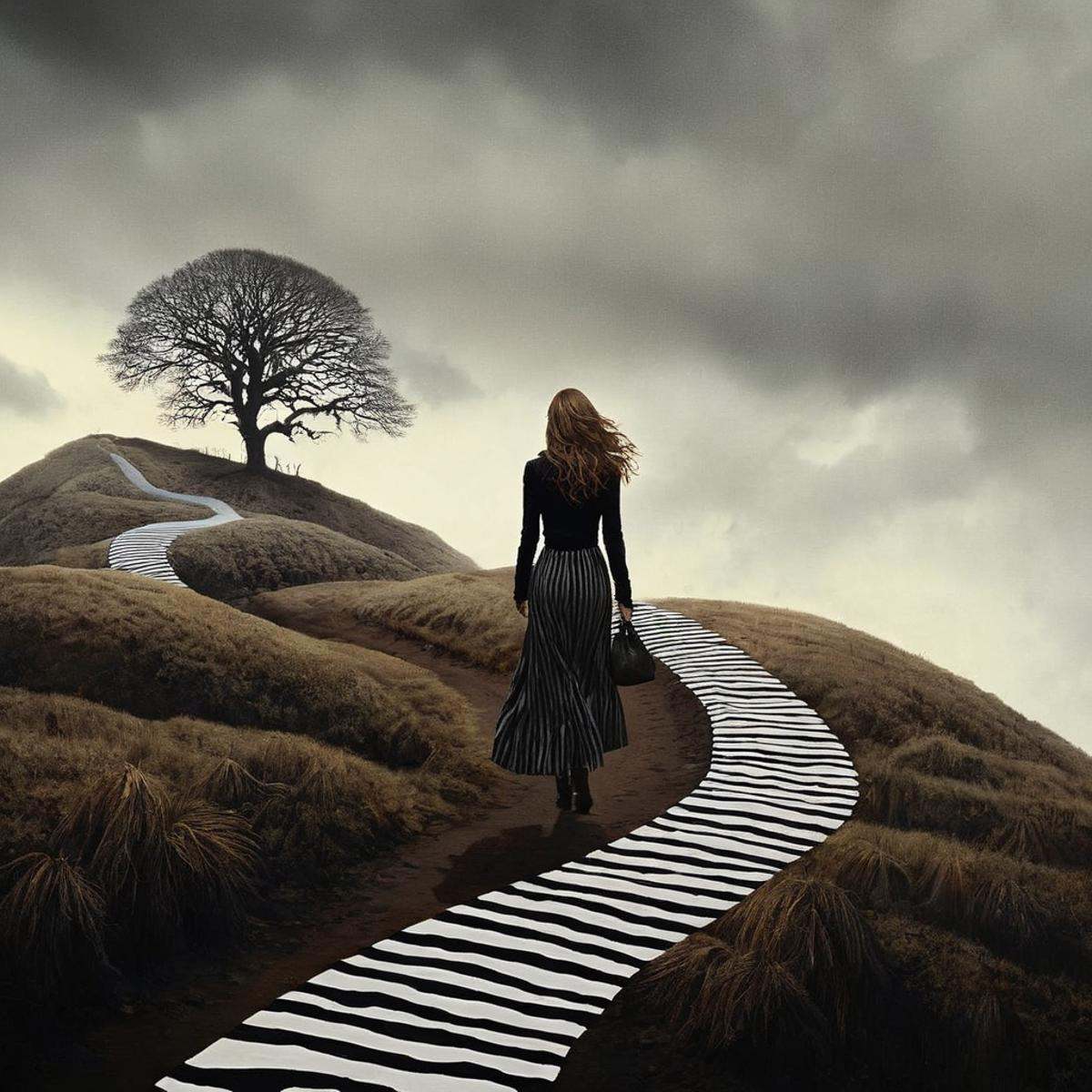 Dark Fantasy Art of a painting of a woman walking down a striped hill dark art painting style,  dark,  moody on Tensor.Art