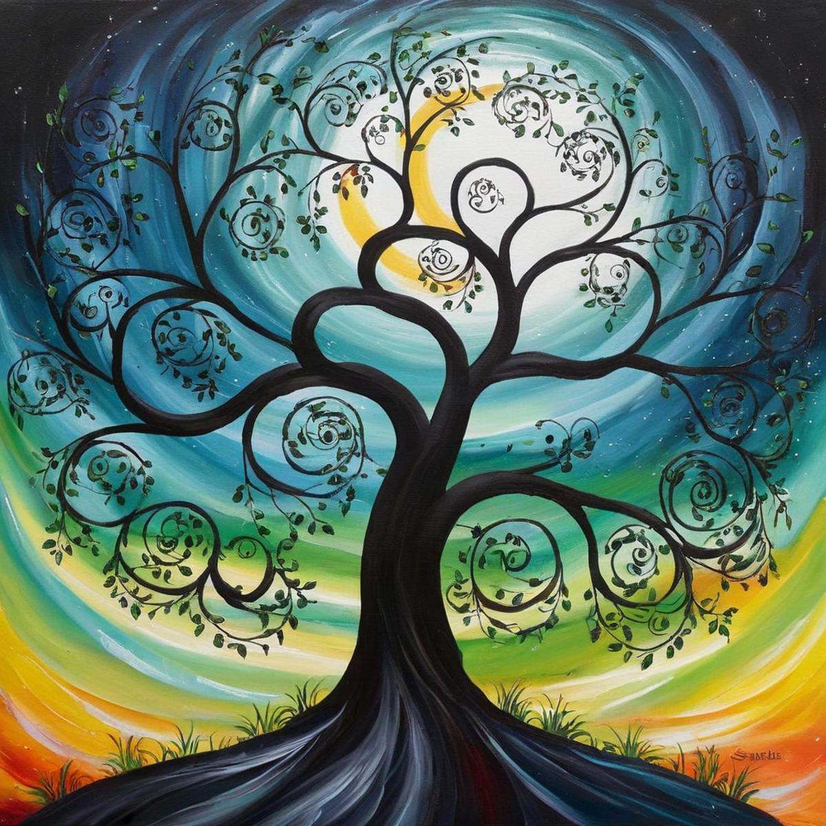Dark Fantasy Art of a painting of a tree with swirly branches dark art painting style,  dark,  moody on Tensor.Art