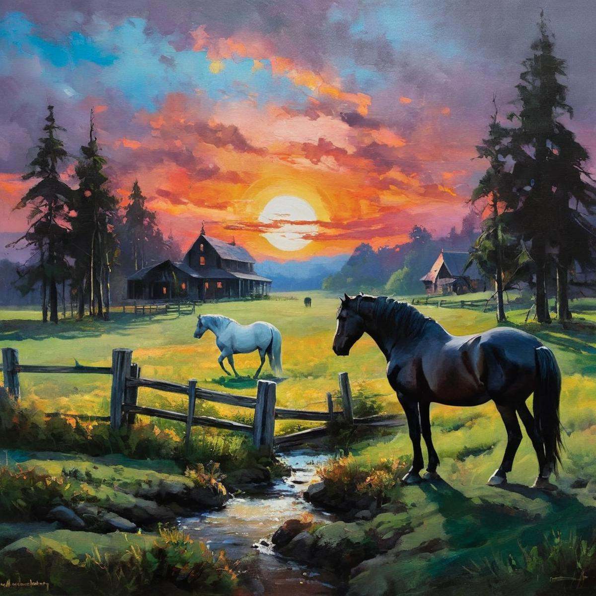 Dark Fantasy Art of a landscape painting of a sunset with horses in a field dark art painting style,  dark,  moody on Tens...