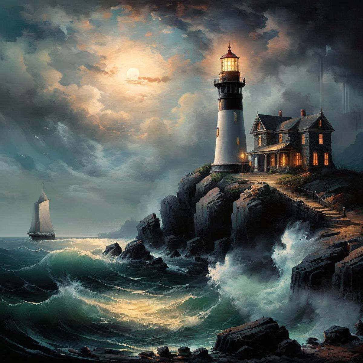 Dark Fantasy Art of a landscape painting of a lighthouse on a rocky shore dark art painting style,  dark,  moody on Tensor...