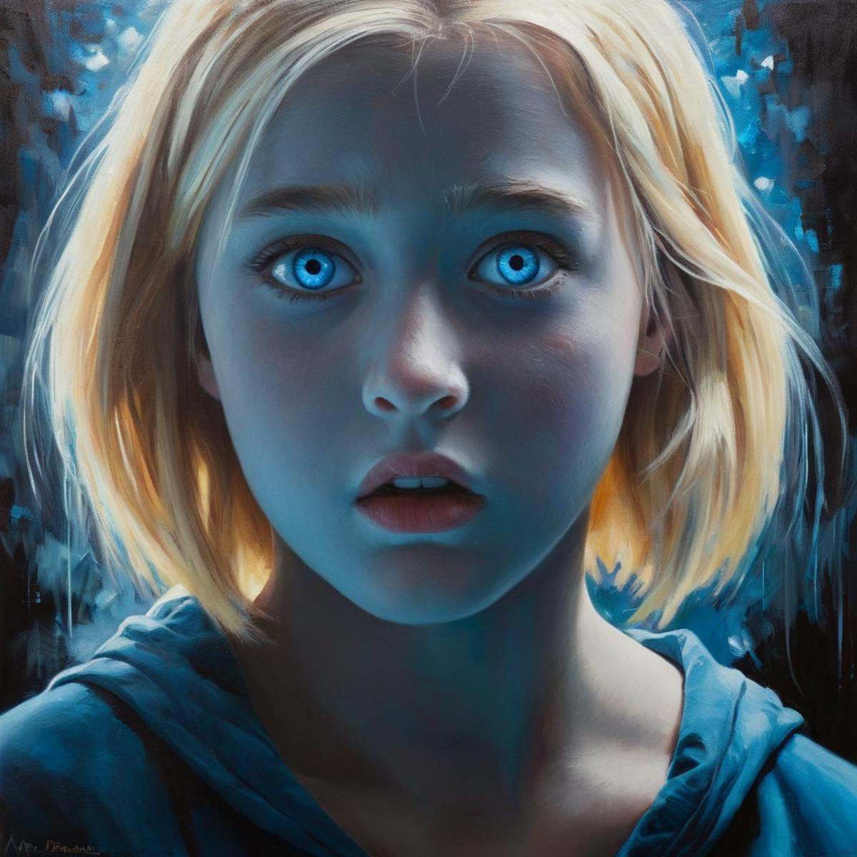 Dark Fantasy Art of an horror painting of a young girl with blonde hair and blue eyes staring in surprise fear at camera d...