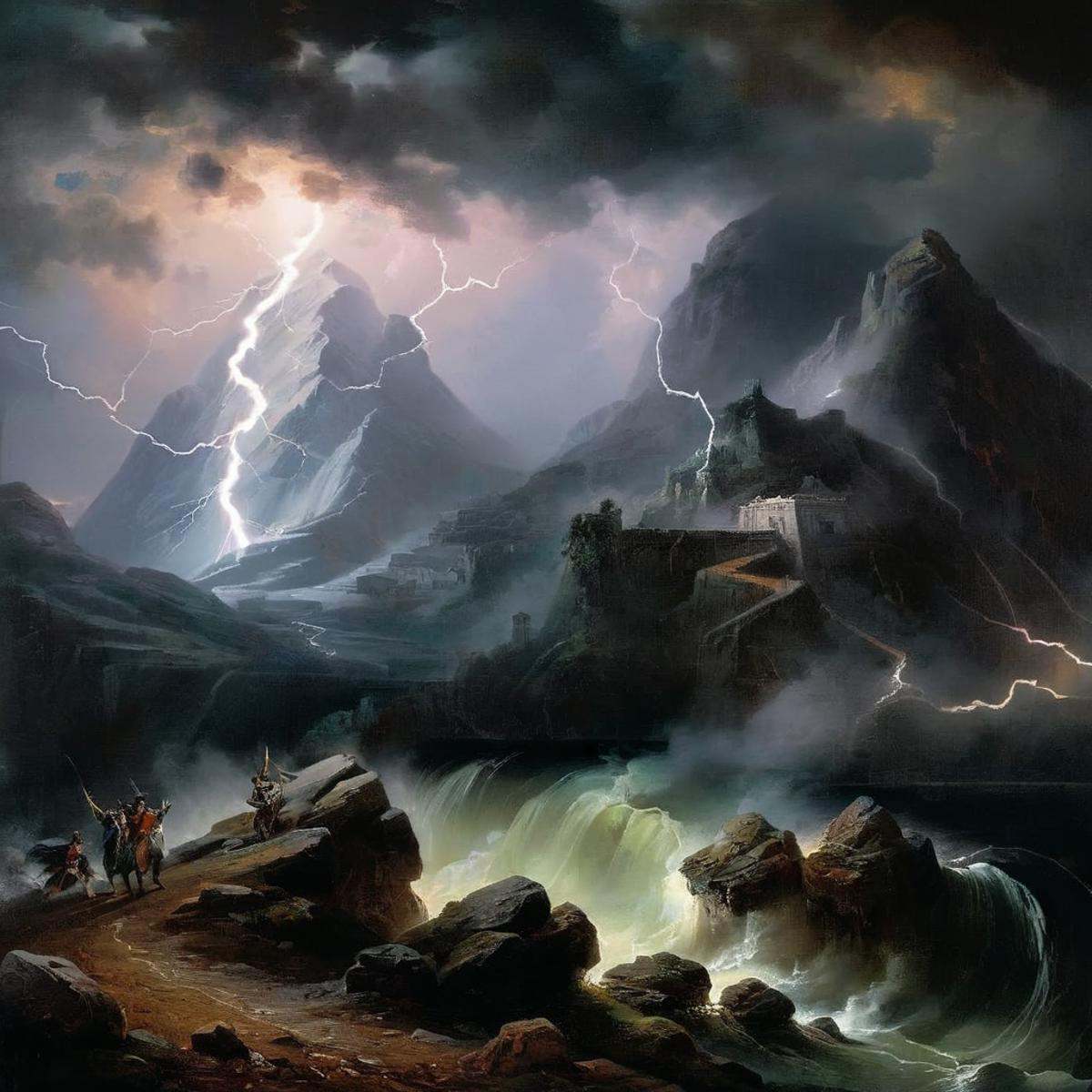 Dark Fantasy Art of a painting of a mountain with a lightning dark art painting style,  dark,  moody on Tensor.Art