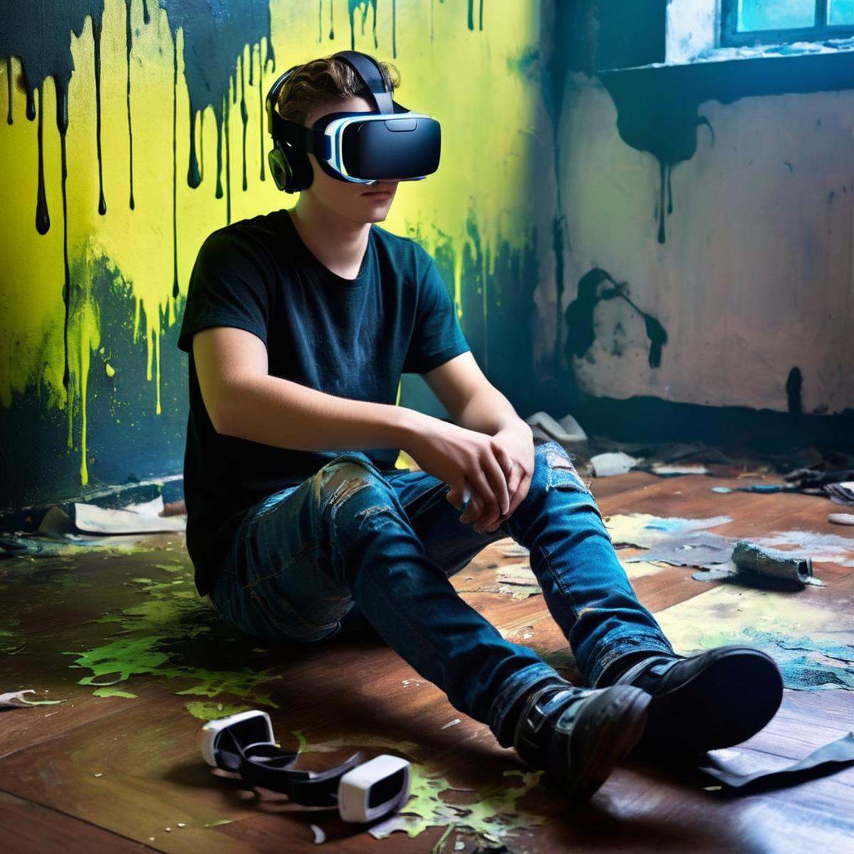 Dark Fantasy Art of a **** boy with glowing vr goggles sitting on the floor in a room with peeling paint dark art painting...