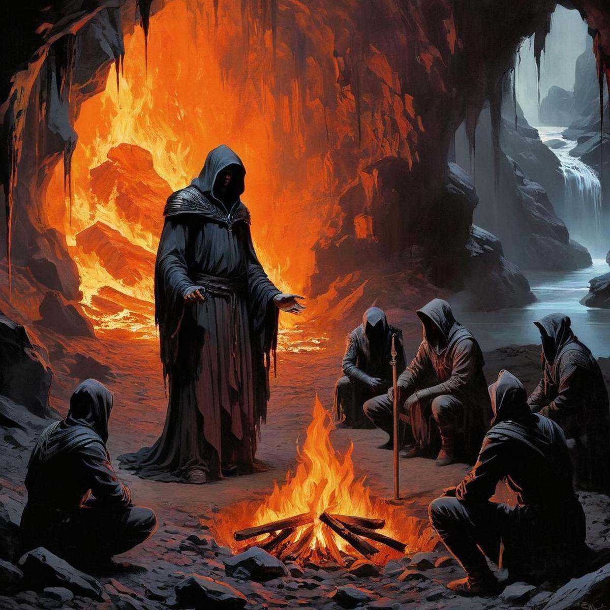 Dark Fantasy Art of a painting of a man standing over a fire with group of people in dark cave dark art painting style,  d...