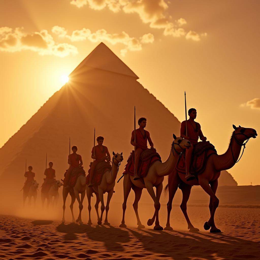 cinematic film still of Photorealism:1Long time ago In ancient Egypt,  a different unique picture of a group of people rid...