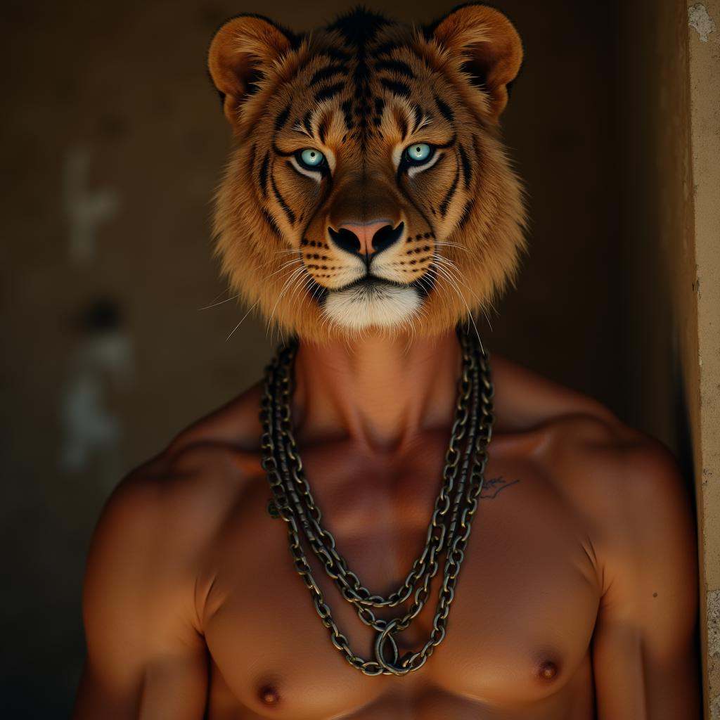 cinematic film still of Long time ago In ancient Egypt,  Aker Lion a man with a lion head and a chain around his neck,  An...
