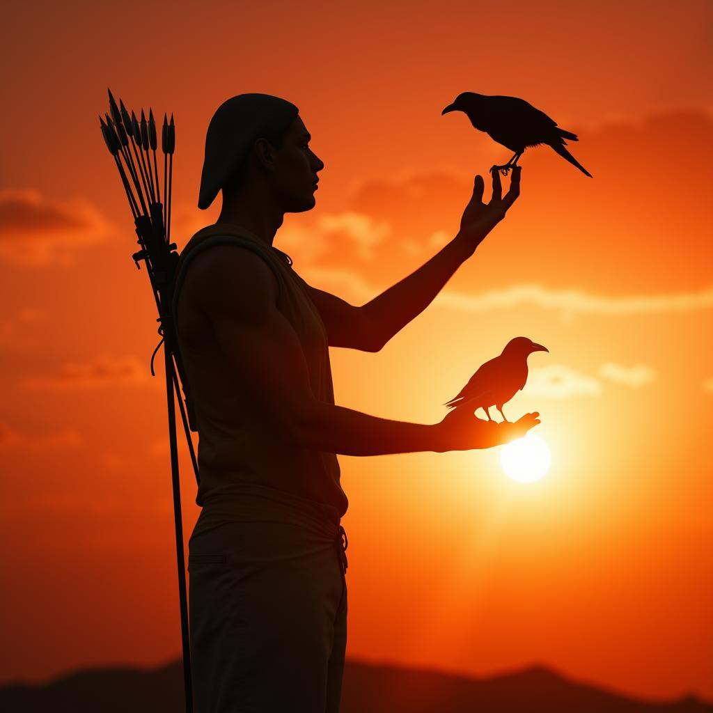 cinematic film still of Photorealism:1Long time ago In ancient Egypt,  a different unique picture of a man holding a bird...