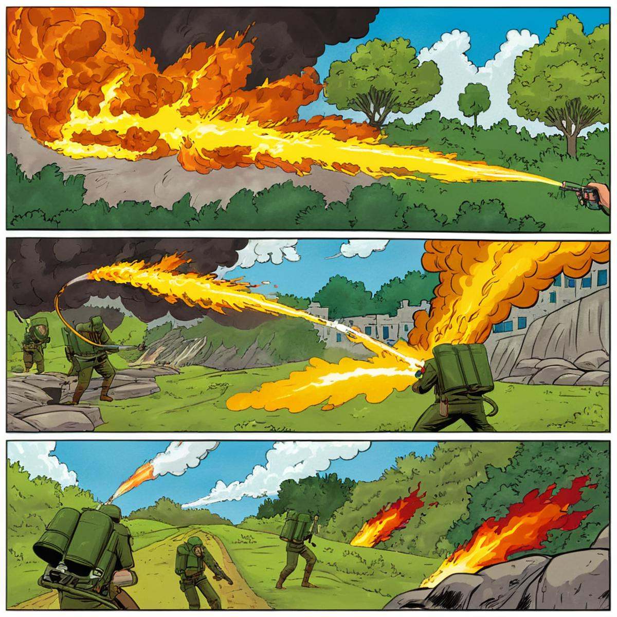 comic book art of comicbookpage style a cartoon comic book strip page of Flamethrower,  comic art,  graphic novel illustra...