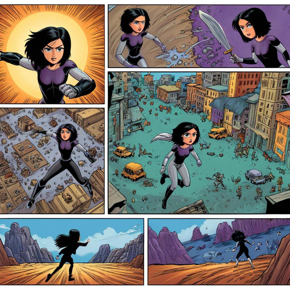 comic book art of comicbookpage style a cartoon comic book strip page of Alita,  comic art,  graphic novel illustration on...