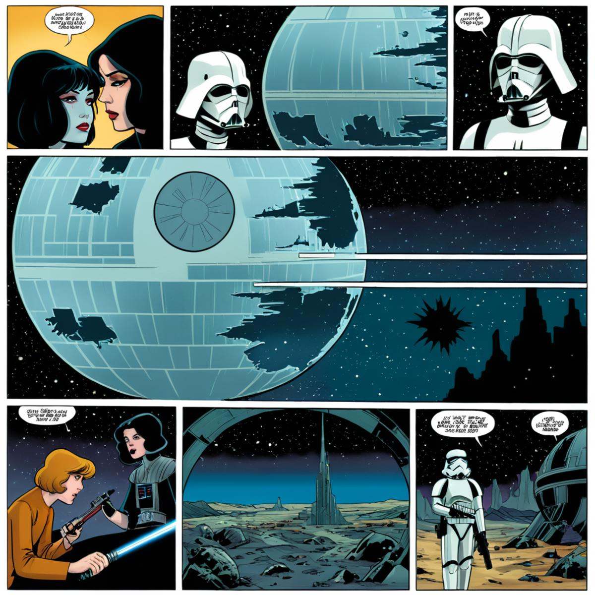 comic book art of comicbookpage style a cartoon comic book page of Death Star ,  comic art,  graphic novel illustration on...
