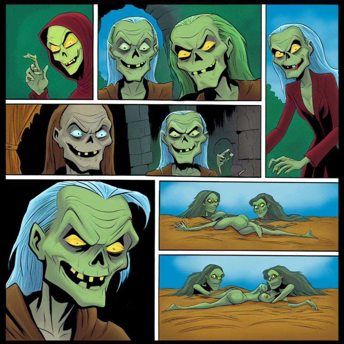 comic book art of comicbookpage style a cartoon comic book strip page of Cryptkeeper,  comic art,  graphic novel illustrat...
