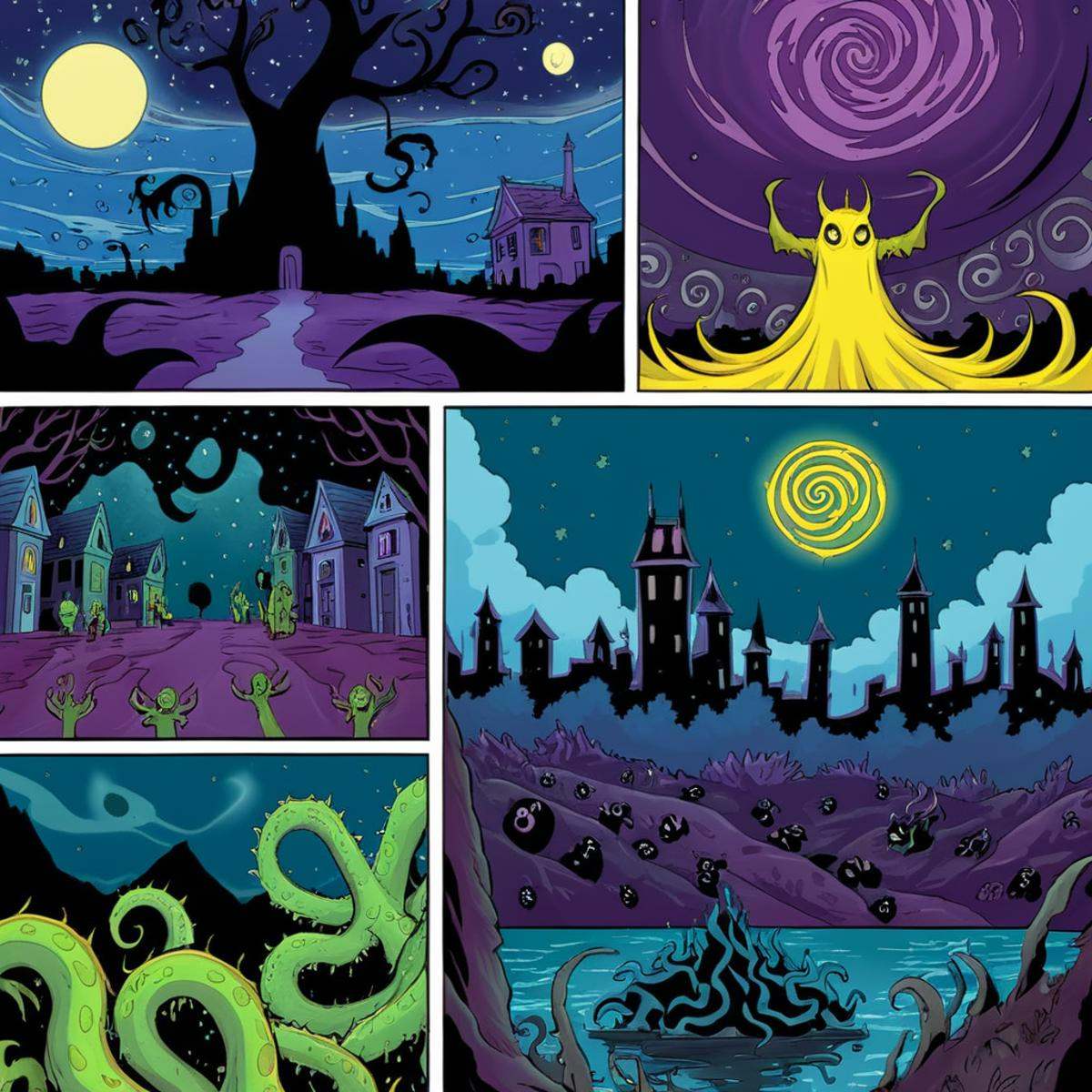 comic book art of comicbookpage style a cartoon comic book strip page of carcosa city at night with monsters creatures and...
