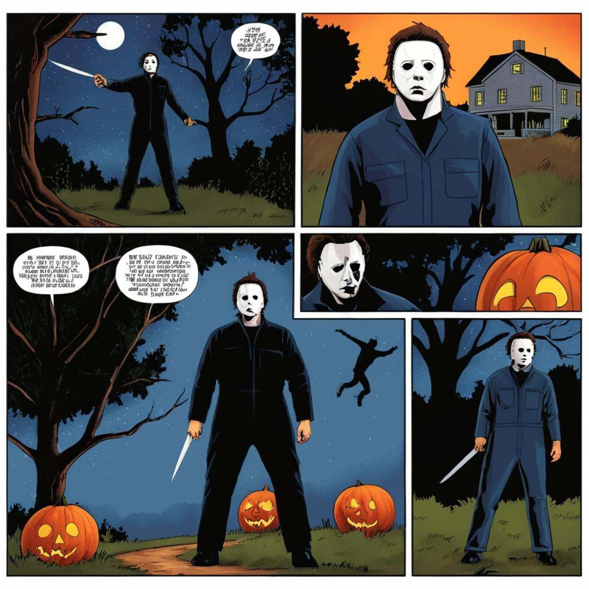 comic book art of comicbookpage style a cartoon comic book strip page of Michael Myers,  comic art,  graphic novel illustr...