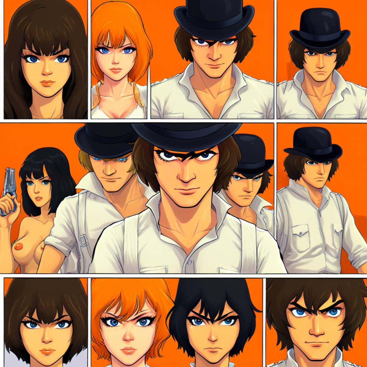 anime artwork of comicbookpage style a cartoon comic book page of gangs Clockwork Orange film style,  anime style,  key vi...