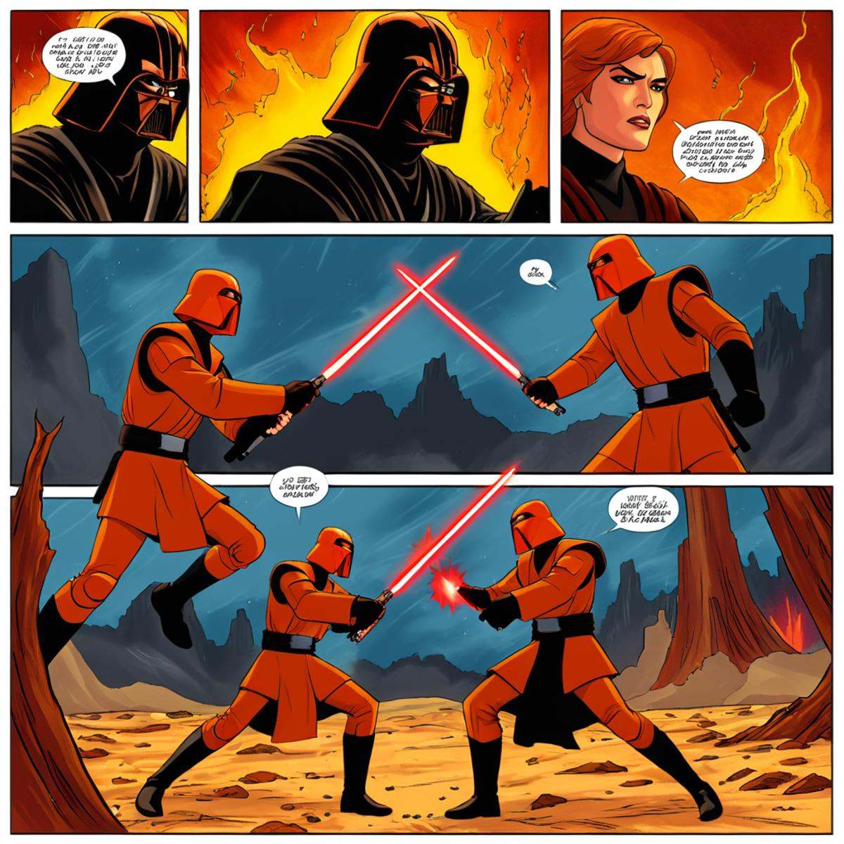 comic book art of comicbookpage style a cartoon comic book page of Mustafar conflict duel,  comic art,  graphic novel illu...