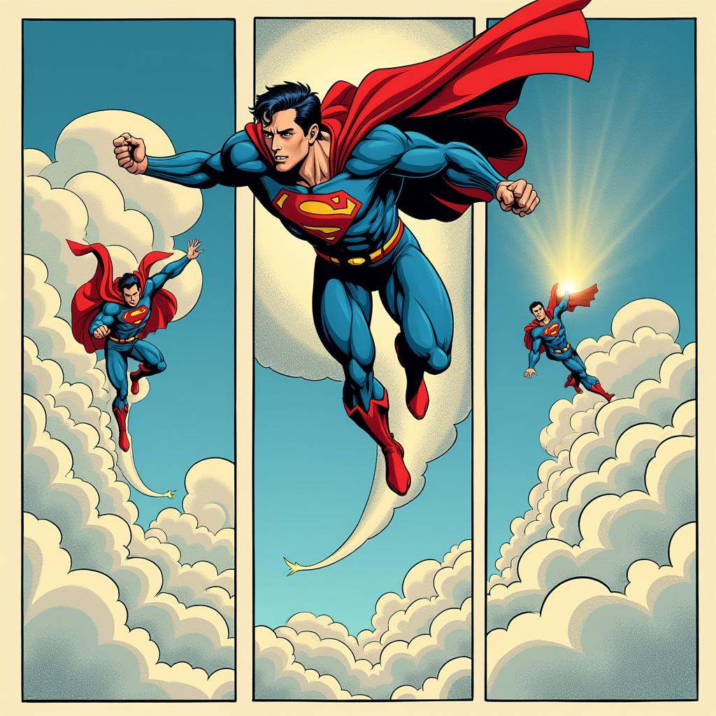 a comic book page Panels of superman flying in sky comicbook style on Tensor.Art