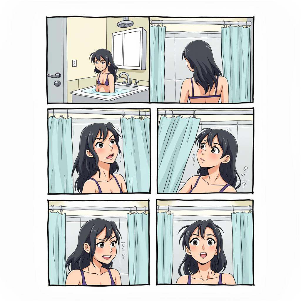 a comic book strip page with sequential images of a cartoon of a woman in a shower,  comic page,  anime on Tensor.Art