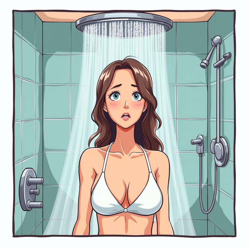 a comic book strip page of a cartoon of a woman in a shower,  comic page,  anime on Tensor.Art