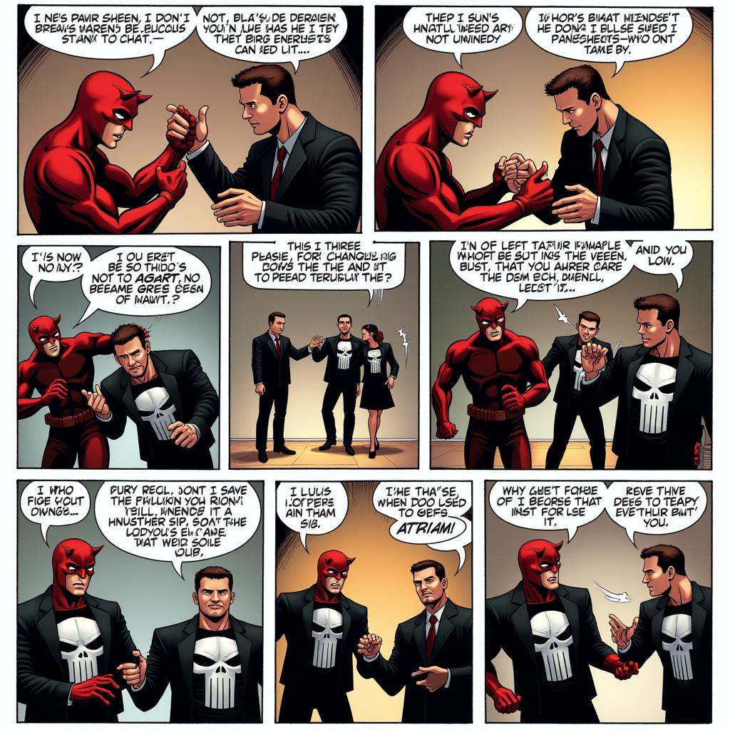 comic book art of A comic strip of the punisher a sequence of cartoons,  arranged in interrelated panels to display brief...