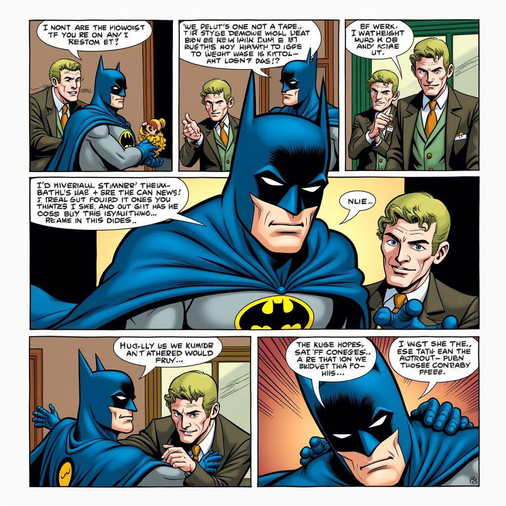comic book art of A comic strip of batman a sequence of cartoons,  arranged in interrelated panels to display brief humor...