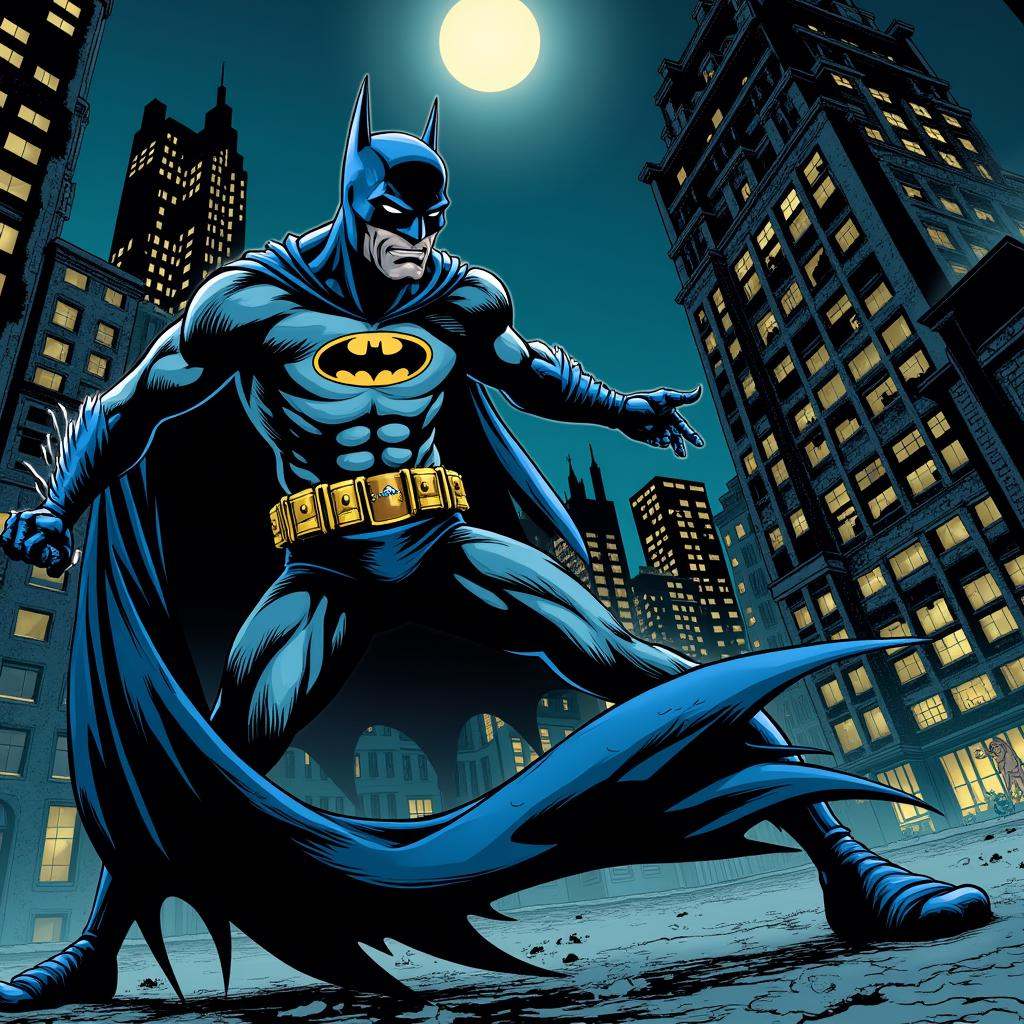 In comicbook style,  A comic book strip page of batman fighting criminals in gotham city at night on Tensor.Art